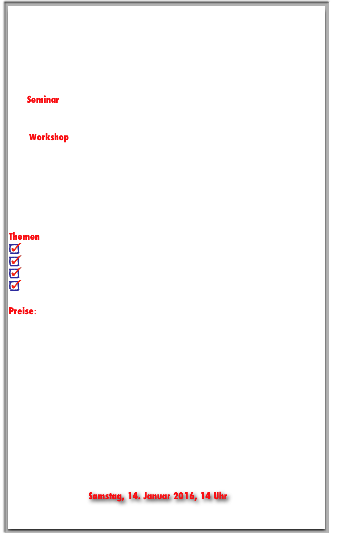 Die Seminare und Workshops richten sich an Techniker, Theaterbesitzer, Beschaller, Musikschaffende…

Gezeigt wird, wie man aus der vorhandenen Anlage (Lautsprechersystem, PA, Mischpult, Effekte) die größtmögliche Sprachverständlichkeit und den am besten klingenden Mix herausholt.

Das Seminar findet statt vor Ort im Theater und erklärt am hauseigenen Equipment den bestmöglichen Einsatz.

Der  Workshop findet im Red Room Records-Tonstudio statt und bietet zusätzlich die Möglichkeit, am Inventar des Studios zu arbeiten („learning by doing“).

Weiterhin werden kostengünstige Anschaffungen (gebrauchte und neue Geräte) empfohlen, die mit wenig Geld einen großen Nutzen bringen können.

Themen unter anderem:
 Das richtige Einpegeln  (Rauschen vermeiden)
 Korrekter Einsatz des Equalizers
 Erhöhung der Sprachverständlichkeit
 Grundregeln beim Mischen von Instrumenten und vieles mehr!!!

Preise:
Seminar:
499 € pauschal, für mehrere Teilnehmer (inkl. Anfahrt, Aufbau (Beamer, Leinwand, Laptop usw.) und einem Vortrag von ca 1,5 Stunden), Handout mit den wichtigsten Fakten.
Termine nach Vereinbarung.

Workshop:
149 € pro Teilnehmer (inkl. Vortrag von ca 1,5 Stunden, Handout und ca. einstündigem Praxisteil, eingefügt in die jeweiligen Kapitel des Vortrags)

Aufgrund der langjährigen pädagogischen Praxis wurde der Vortrag didaktisch sinnvoll aufeinander aufbauend angelegt, Rückfragen sind natürlich jederzeit möglich.

Nächster Termin:    Samstag, 14. Januar 2016, 14 Uhr

Anmeldungen / Anfragen: bitte HIER klicken.